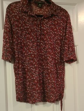 Amang NY Sheer Burgundy Floral Button-Front Blouse – Size M
